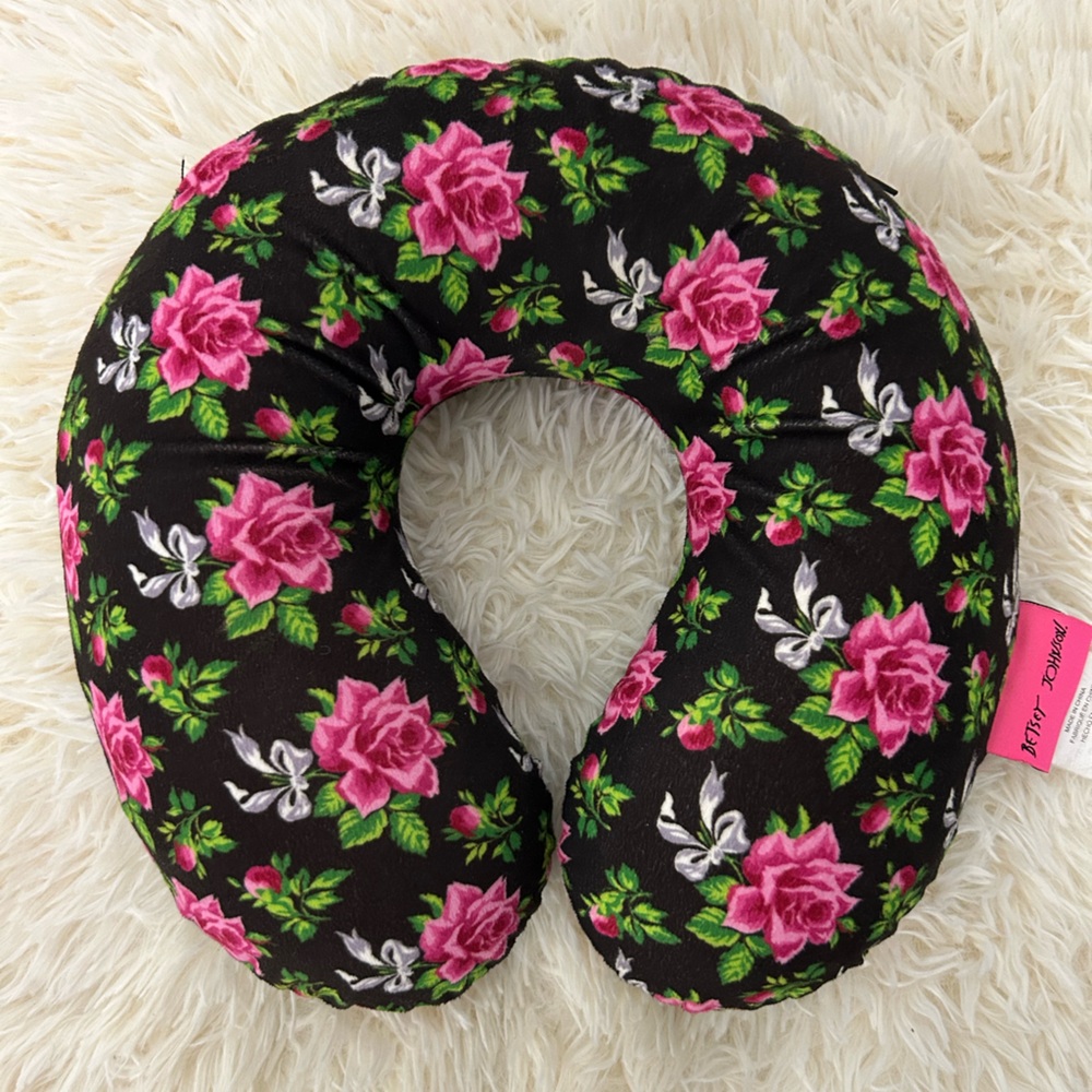 Betsey Johnson Black Pillow with Pink and Green Floral Design